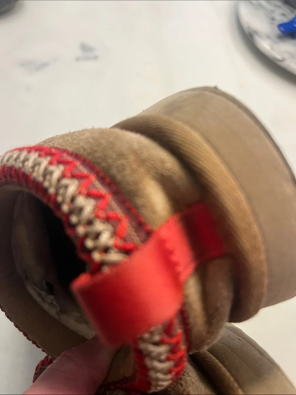 UGG Kids Tan Suede Slip-On Slippers with Red Trim